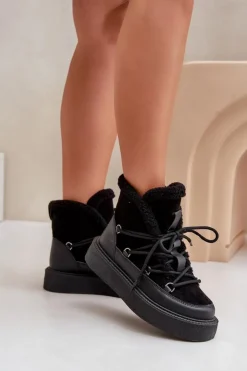 Damskie Boto Botki Śniegowce Na Platformie Czarne Tamidra