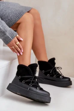 Damskie Boto Botki Śniegowce Na Platformie Czarne Tamidra