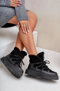 Damskie Boto Botki Śniegowce Na Platformie Czarne Tamidra