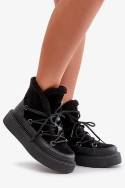 Damskie Boto Botki Śniegowce Na Platformie Czarne Tamidra
