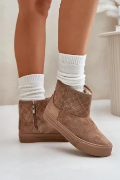 Damskie Big Star Shoes Botki Śniegowce Na Zamek Ocieplane Futerkiem Big Star OO274A524 Beżowe