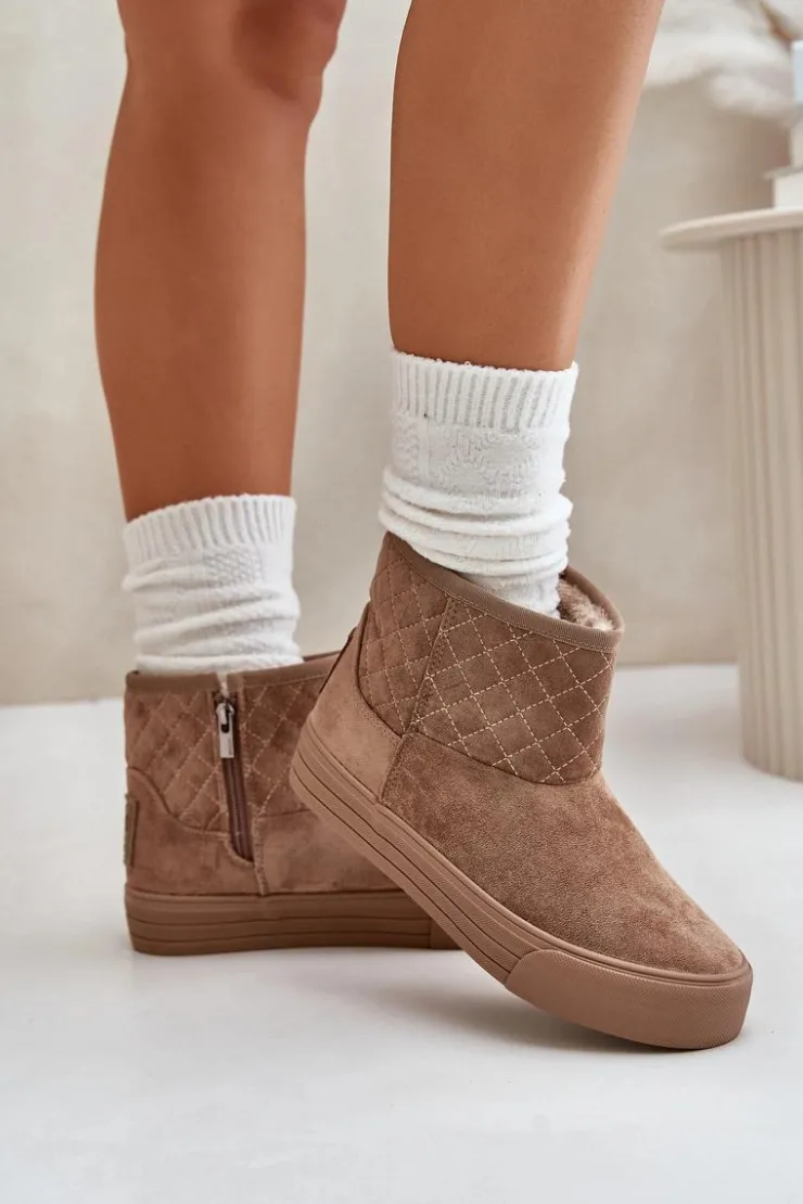 Damskie Big Star Shoes Botki Śniegowce Na Zamek Ocieplane Futerkiem Big Star OO274A524 Beżowe