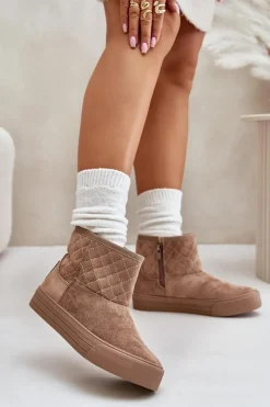 Damskie Big Star Shoes Botki Śniegowce Na Zamek Ocieplane Futerkiem Big Star OO274A524 Beżowe