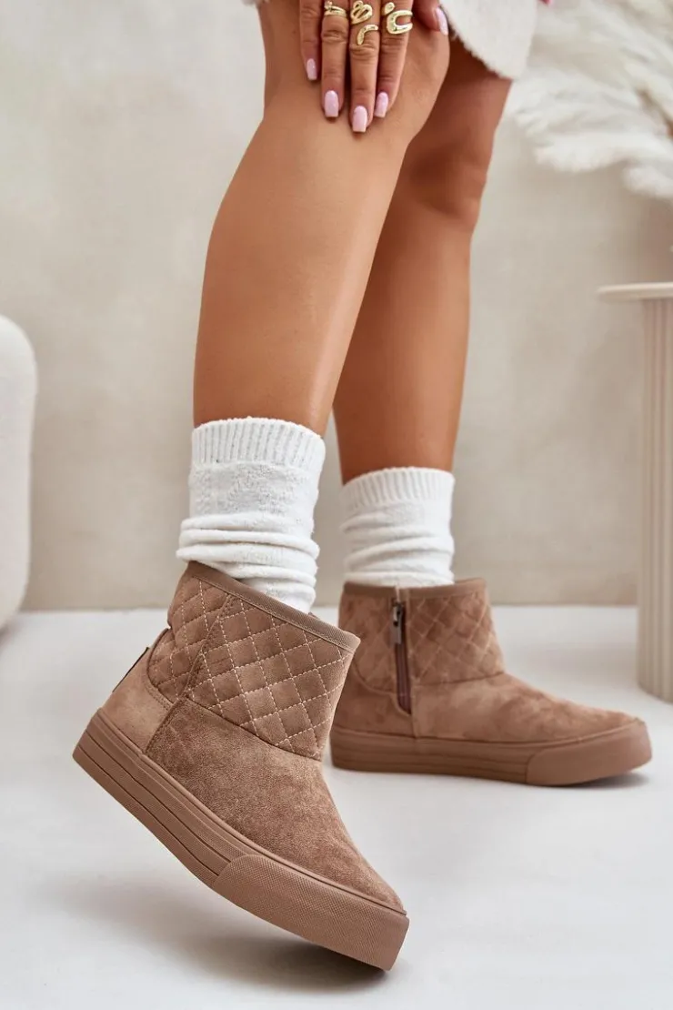 Damskie Big Star Shoes Botki Śniegowce Na Zamek Ocieplane Futerkiem Big Star OO274A524 Beżowe