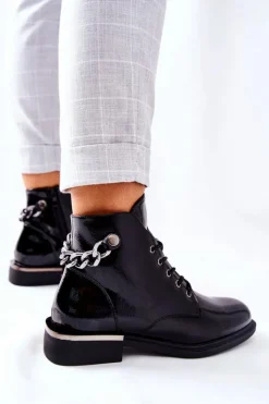 Damskie Buty Sergio Leone Botki Ocieplane Lakierowane Na Suwak Sergio Leone Czarne BT405