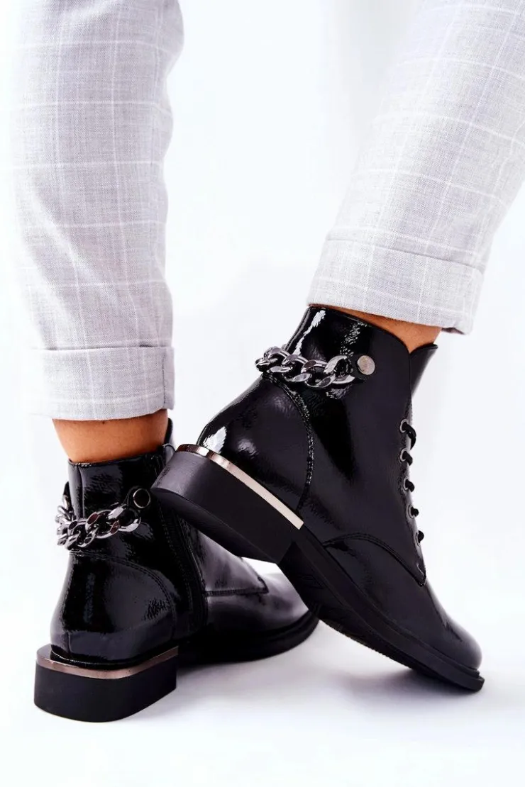 Damskie Buty Sergio Leone Botki Ocieplane Lakierowane Na Suwak Sergio Leone Czarne BT405