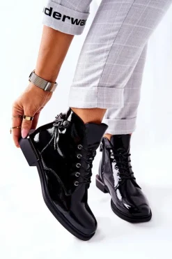 Damskie Buty Sergio Leone Botki Ocieplane Lakierowane Na Suwak Sergio Leone Czarne BT405