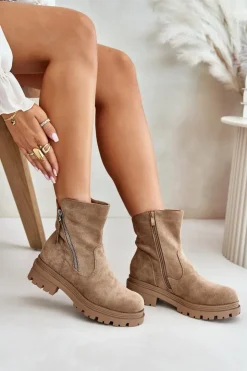 Boto Botki Wiosenne|Brązowe I Beżowe Botki*Botki Ocieplane Na Płaskim Obcasie Z Eko Zamszu Beżowe Reloma