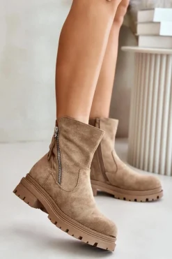 Boto Botki Wiosenne|Brązowe I Beżowe Botki*Botki Ocieplane Na Płaskim Obcasie Z Eko Zamszu Beżowe Reloma