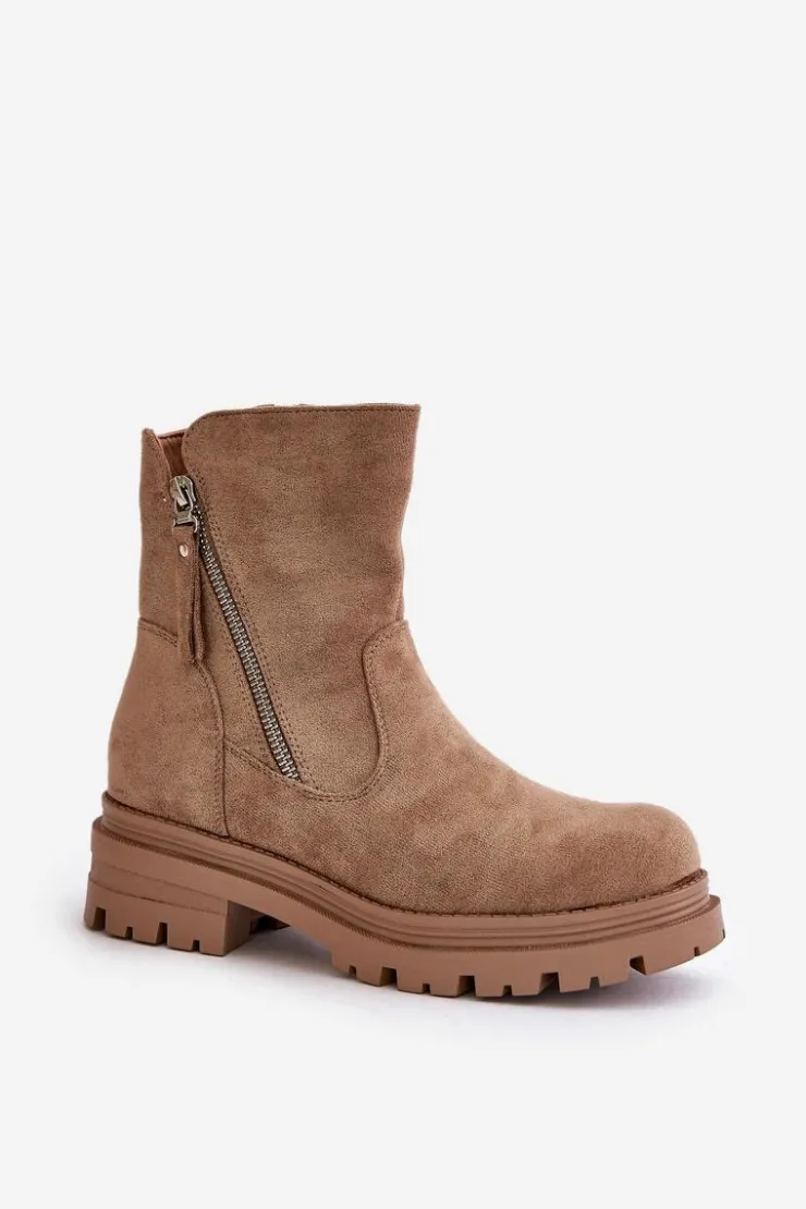 Boto Botki Wiosenne|Brązowe I Beżowe Botki*Botki Ocieplane Na Płaskim Obcasie Z Eko Zamszu Beżowe Reloma