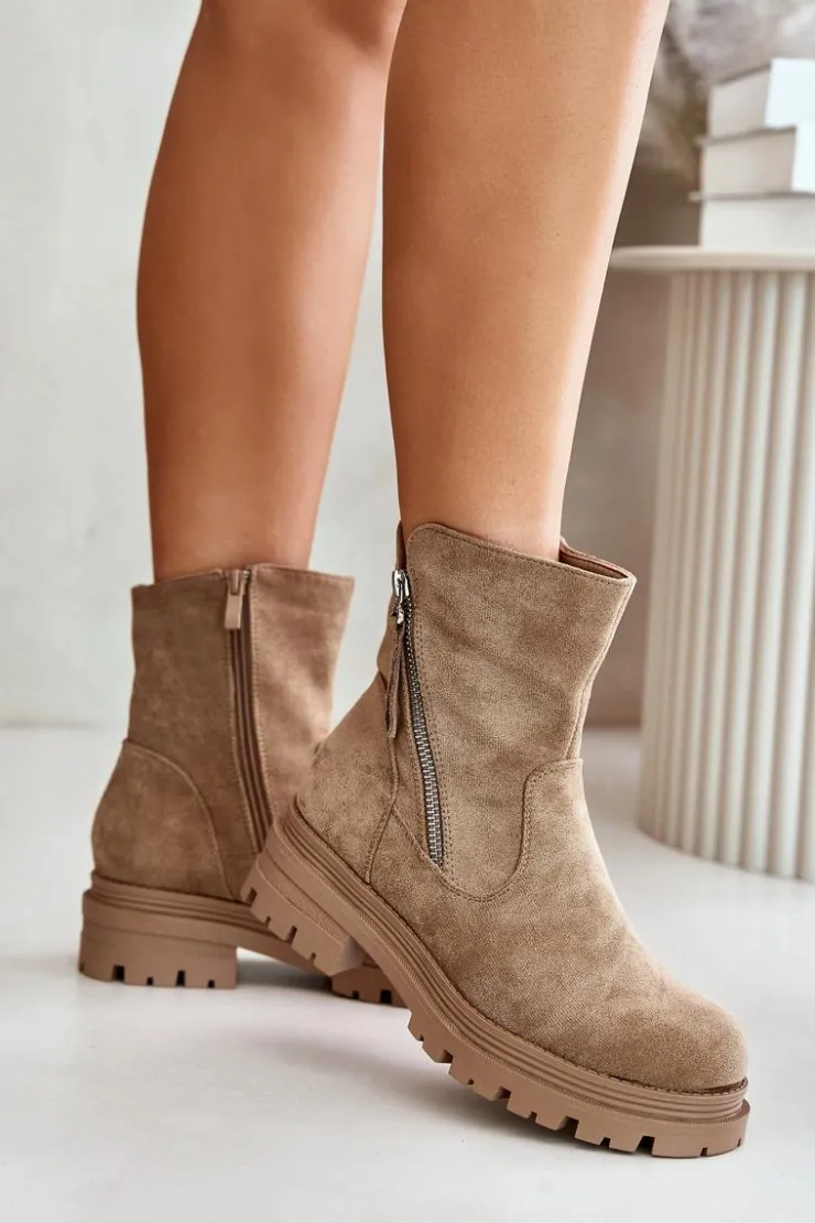 Boto Botki Wiosenne|Brązowe I Beżowe Botki*Botki Ocieplane Na Płaskim Obcasie Z Eko Zamszu Beżowe Reloma