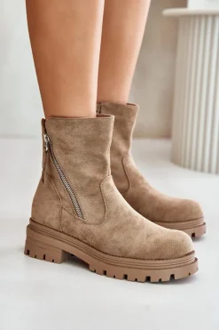 Boto Botki Wiosenne|Brązowe I Beżowe Botki*Botki Ocieplane Na Płaskim Obcasie Z Eko Zamszu Beżowe Reloma