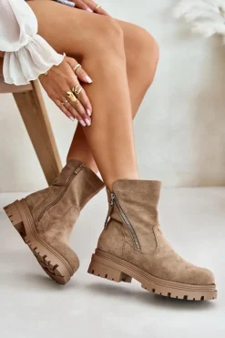 Boto Botki Wiosenne|Brązowe I Beżowe Botki*Botki Ocieplane Na Płaskim Obcasie Z Eko Zamszu Beżowe Reloma