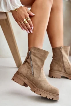 Boto Botki Wiosenne|Brązowe I Beżowe Botki*Botki Ocieplane Na Płaskim Obcasie Z Eko Zamszu Beżowe Reloma