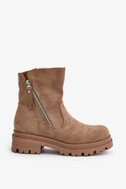 Boto Botki Wiosenne|Brązowe I Beżowe Botki*Botki Ocieplane Na Płaskim Obcasie Z Eko Zamszu Beżowe Reloma