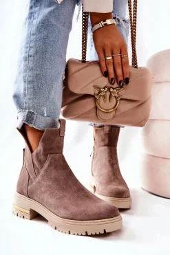 Damskie Boto Botki Ocieplane Z Wycięciem Cappucino Tanya