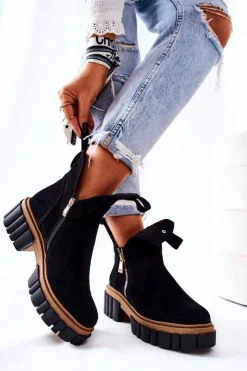 Damskie Boto Botki Ocieplane Z Wycięciem Na Suwak Czarne Cadence