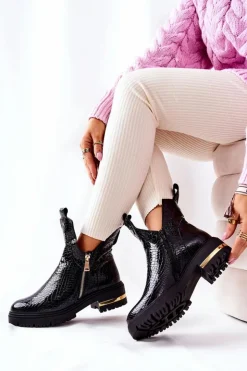 Boto Czarne Botki|Botki Zimowe Damskie*Botki Ocieplane Z Wycięciem Wzór Krokodyla Czarne Crolisia