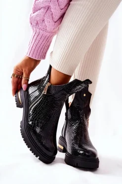 Boto Czarne Botki|Botki Zimowe Damskie*Botki Ocieplane Z Wycięciem Wzór Krokodyla Czarne Crolisia