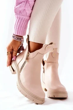 Damskie Boto Botki Ocieplane Z Wycięciem Beżowe Crolisia