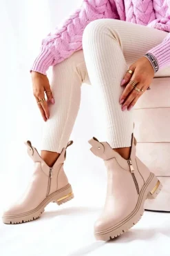 Damskie Boto Botki Ocieplane Z Wycięciem Beżowe Crolisia