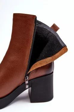 Boto Botki Skórzane|Botki Zimowe Damskie*Botki Skórzane Na Masywnym Obcasie Z Suwakami Brązowe Lemar Littosa