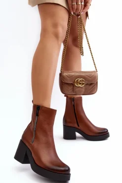 Boto Botki Skórzane|Botki Zimowe Damskie*Botki Skórzane Na Masywnym Obcasie Z Suwakami Brązowe Lemar Littosa