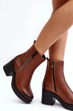 Boto Botki Skórzane|Botki Zimowe Damskie*Botki Skórzane Na Masywnym Obcasie Z Suwakami Brązowe Lemar Littosa