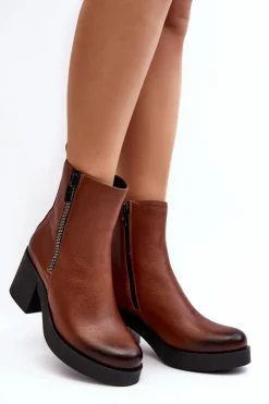 Boto Botki Skórzane|Botki Zimowe Damskie*Botki Skórzane Na Masywnym Obcasie Z Suwakami Brązowe Lemar Littosa