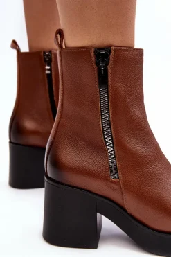 Boto Botki Skórzane|Botki Zimowe Damskie*Botki Skórzane Na Masywnym Obcasie Z Suwakami Brązowe Lemar Littosa