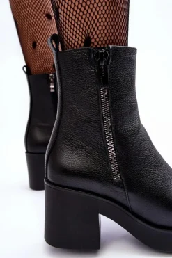 Damskie Boto Botki Skórzane Na Masywnym Obcasie Z Suwakami Czarne Lemar Littosa
