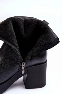 Damskie Boto Botki Skórzane Na Masywnym Obcasie Z Suwakami Czarne Lemar Littosa