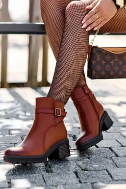 Clearance Boto Botki Skórzane Na Niskim Obcasie Brązowe Irinaela