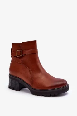 Clearance Boto Botki Skórzane Na Niskim Obcasie Brązowe Irinaela