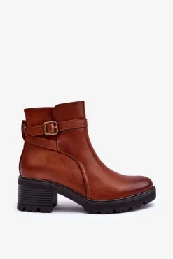 Clearance Boto Botki Skórzane Na Niskim Obcasie Brązowe Irinaela