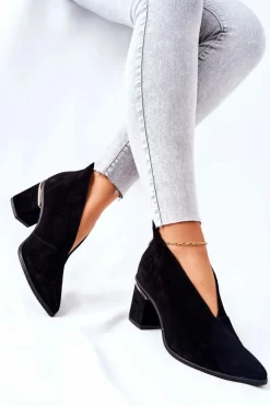 Damskie Laura Messi Botki Skórzane Na Obcasie Czarne 2344