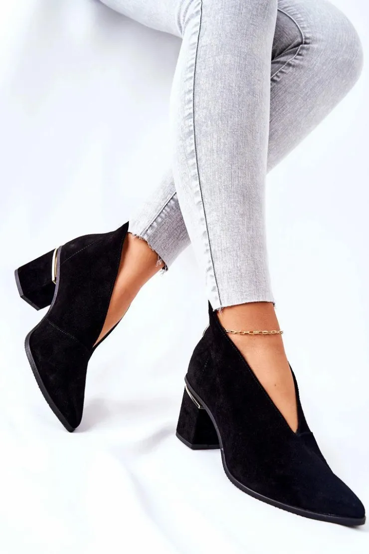 Damskie Laura Messi Botki Skórzane Na Obcasie Czarne 2344