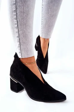 Damskie Laura Messi Botki Skórzane Na Obcasie Czarne 2344