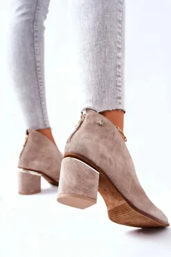 Sale Laura Messi Botki Skórzane Na Obcasie Beżowe 2344