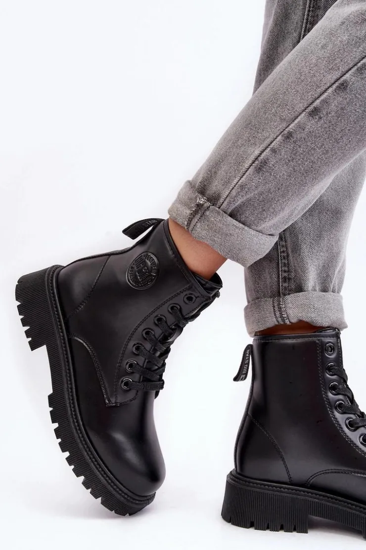 Damskie Big Star Shoes Botki Skórzane Sznurowane Czarne Big Star MM274375