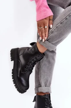 Damskie Big Star Shoes Botki Skórzane Sznurowane Czarne Big Star MM274375