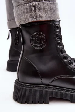 Damskie Big Star Shoes Botki Skórzane Sznurowane Czarne Big Star MM274375