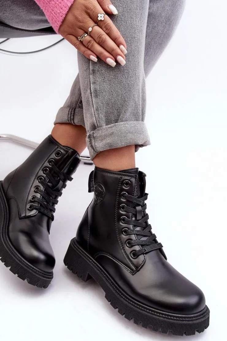 Damskie Big Star Shoes Botki Skórzane Sznurowane Czarne Big Star MM274375