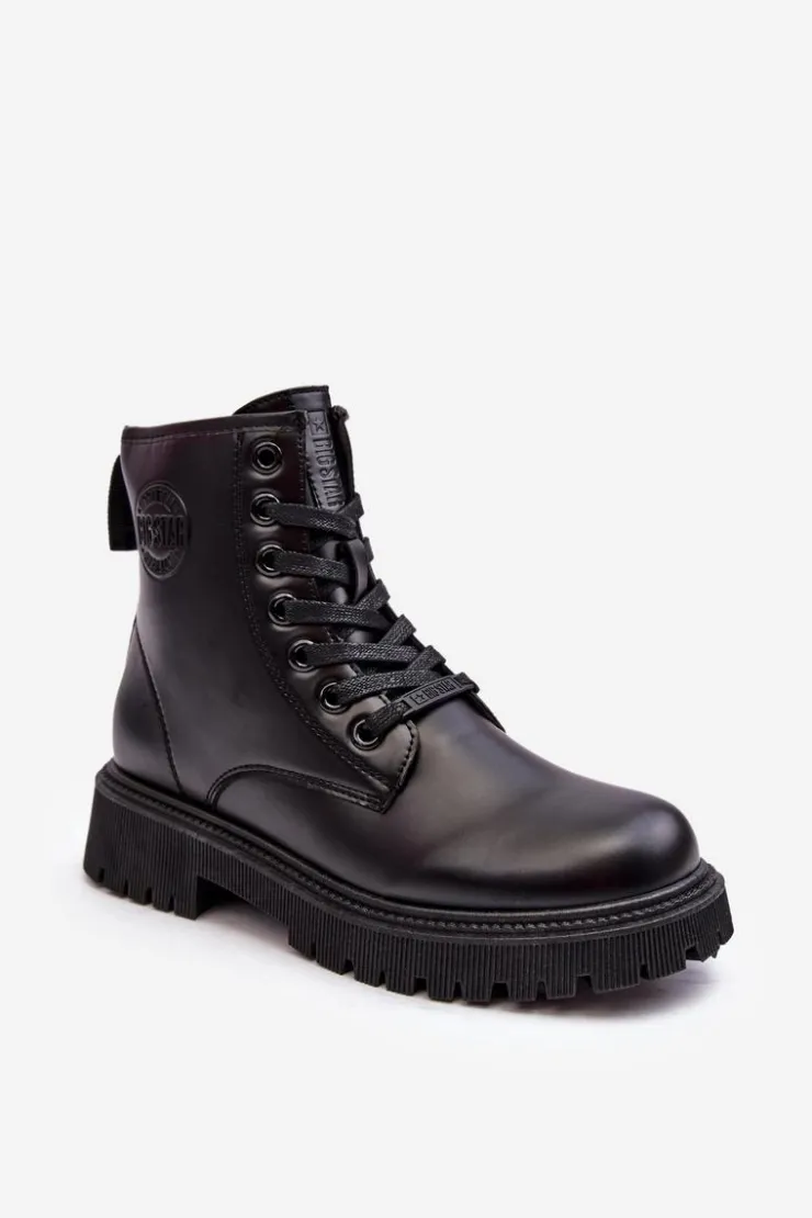 Damskie Big Star Shoes Botki Skórzane Sznurowane Czarne Big Star MM274375