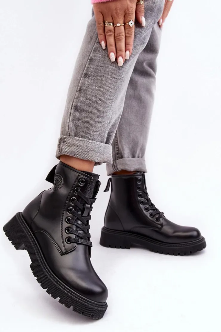 Damskie Big Star Shoes Botki Skórzane Sznurowane Czarne Big Star MM274375