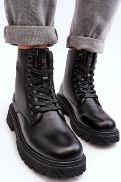 Damskie Big Star Shoes Botki Skórzane Sznurowane Czarne Big Star MM274375