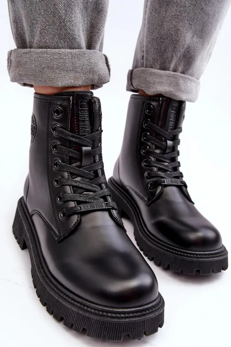 Damskie Big Star Shoes Botki Skórzane Sznurowane Czarne Big Star MM274375