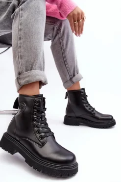 Damskie Big Star Shoes Botki Skórzane Sznurowane Czarne Big Star MM274375