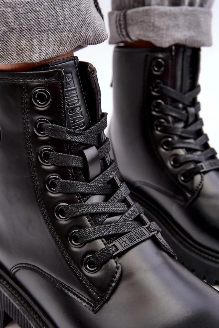Damskie Big Star Shoes Botki Skórzane Sznurowane Czarne Big Star MM274375