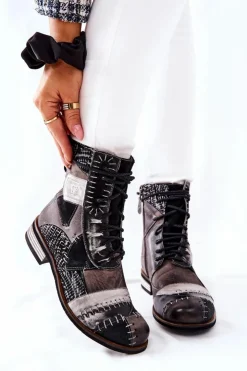 Damskie Maciejka Botki Skórzane Sztyblety Szare 05095-03